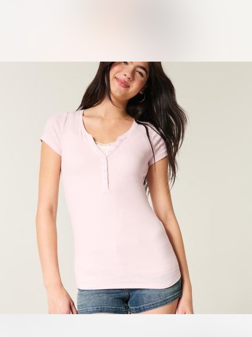 Hollister Light Pink Short Sleeve Ribbed Henley Tee Never Worn